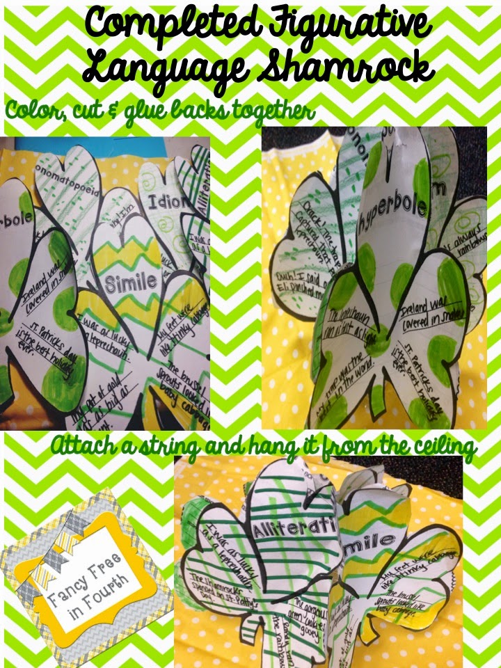 Check out this St. Patrick's Day writing activity that gets your students to zoom in on different Figurative Language techniques. They write their own St. Patrick's Day smilies, metaphors, idioms, hyperboles, alliteration and personification sentences.  Then, they contract this cute St. Patricks day craft that will be a festive decoration to your classroom bulletin boards and beyond. Great for the upper grades, grades 3-6!