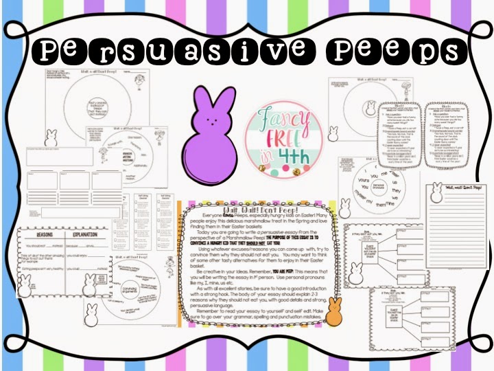 Peeps and writing make this holiday persuasive task a fun one! The students take the role as a marshmallow peep and their job is to persuade a child not to eat them! Your class will love this writing task, perfect for centers, a great spring bulletin board and it examines point of view and argumentation!